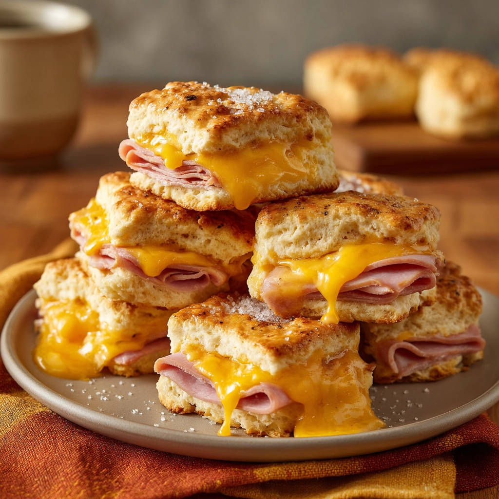 Fluffy ham and cheese biscuits stacked high, showcasing gooey melted cheese oozing out the sides.