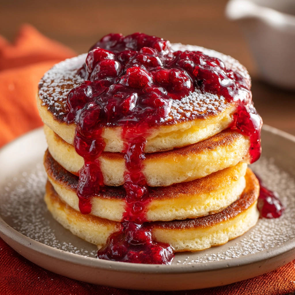 Fluffy homemade pancakes topped with a generous serving of vibrant berry compote and a dusting of powdered sugar.