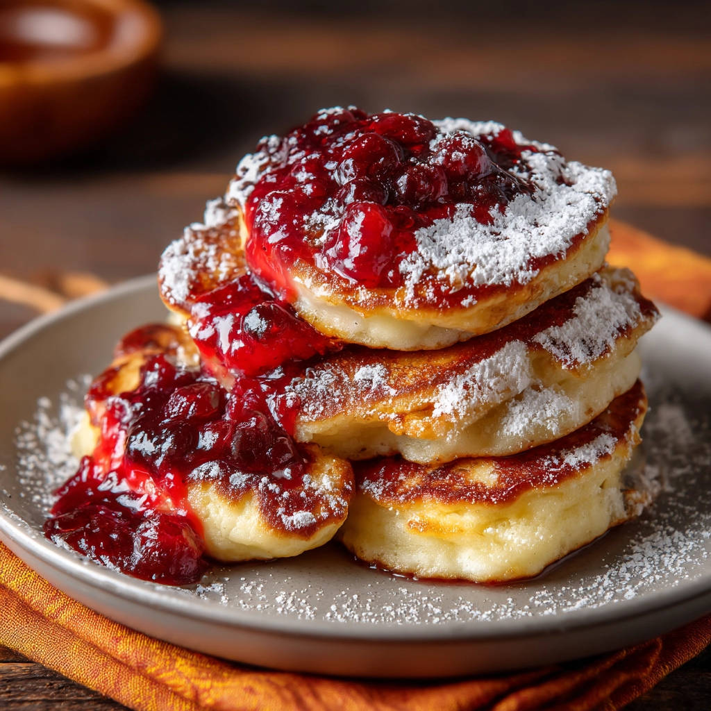 Fluffy homemade pancakes stacked high and generously topped with a vibrant red berry compote and dusted with powdered sugar.