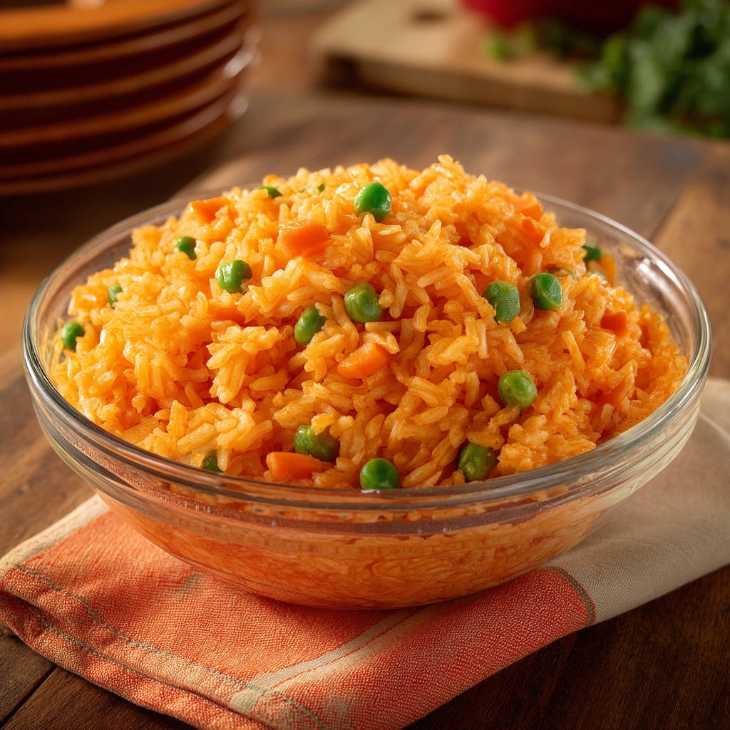 Fluffy orange rice with peas and carrots served in a clear glass bowl on a napkin.