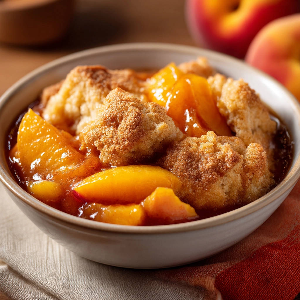 Guaranteed fluffy peach cobbler recipe with a close-up view of the golden crumb topping and juicy peach filling.