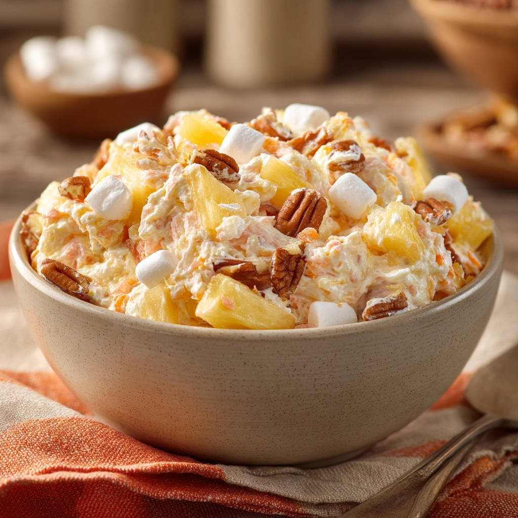 Fluffy Pineapple Pecan Salad in a bowl, showcasing marshmallows, pineapple chunks, and pecans up close.