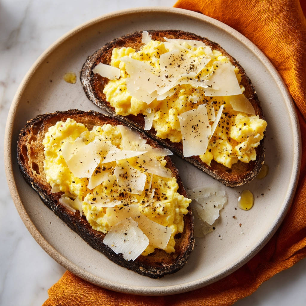 Fluffy scrambled eggs on toast topped with shaved parmesan and cracked black pepper, presented on a plate.