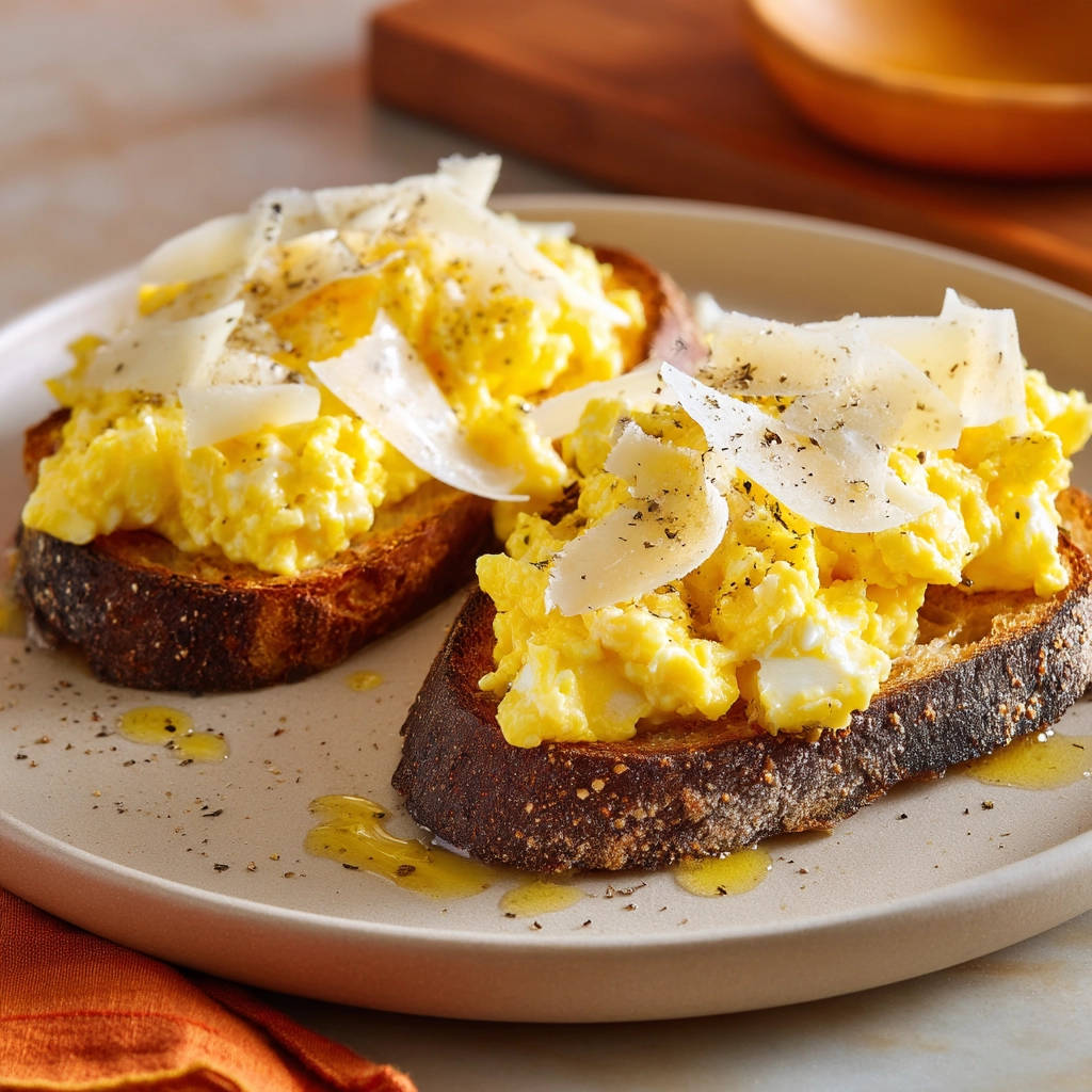 Fluffy scrambled eggs on toast with shaved parmesan and black pepper, served open-faced on a light-colored plate.