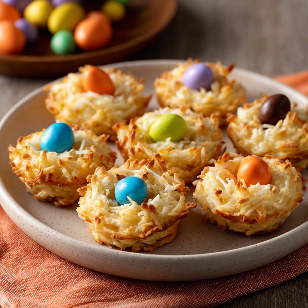 Foolproof coconut cookie nests with colorful Easter candies nestled inside, presented on a light-colored plate.