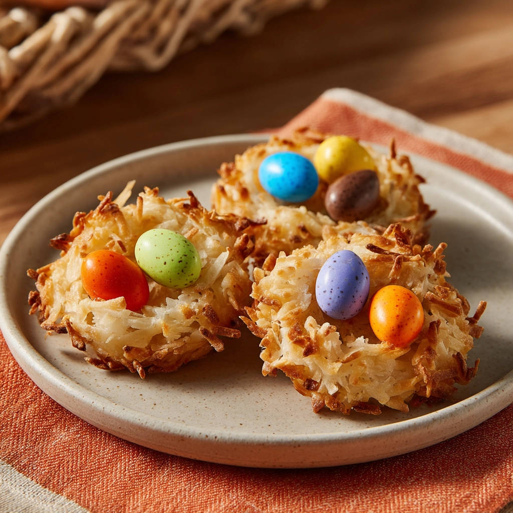 Foolproof coconut cookie nests plated with colorful candy Easter eggs for a festive treat
