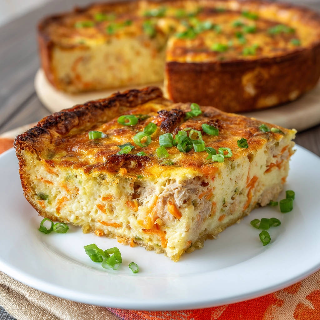Foolproof crustless tuna and carrot bake, a slice plated with fresh green onion garnish.