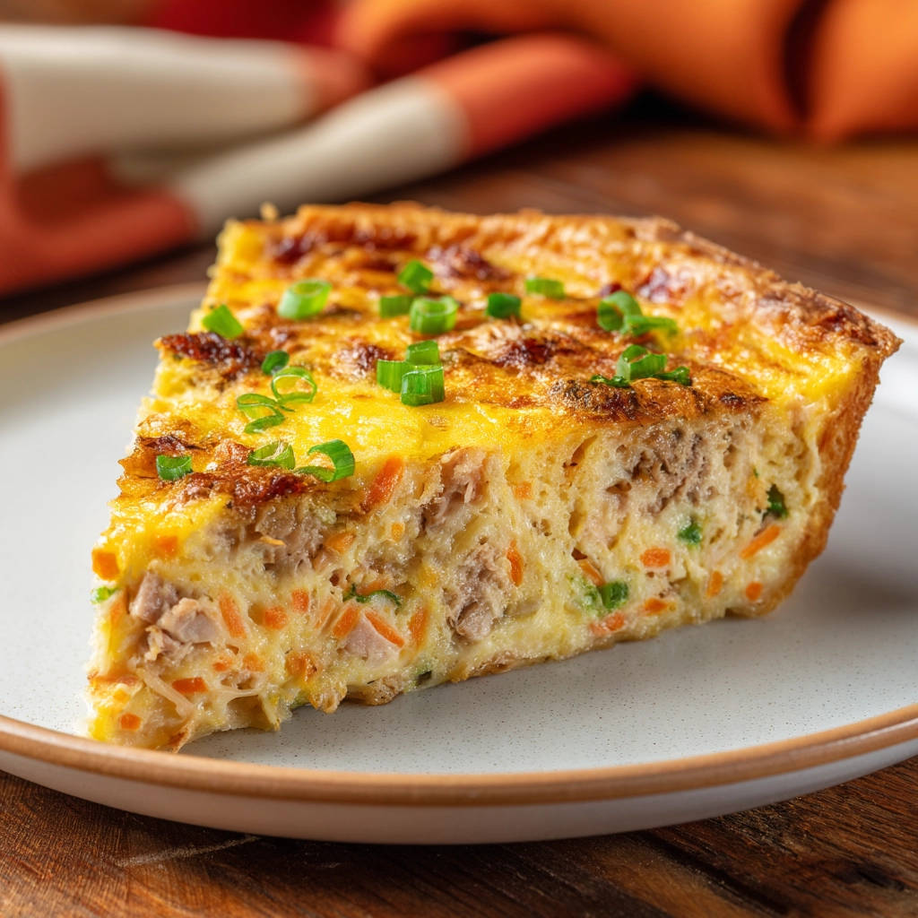 Foolproof crustless tuna and carrot bake, showing a close-up cross-section of the slice with visible tuna and carrots.