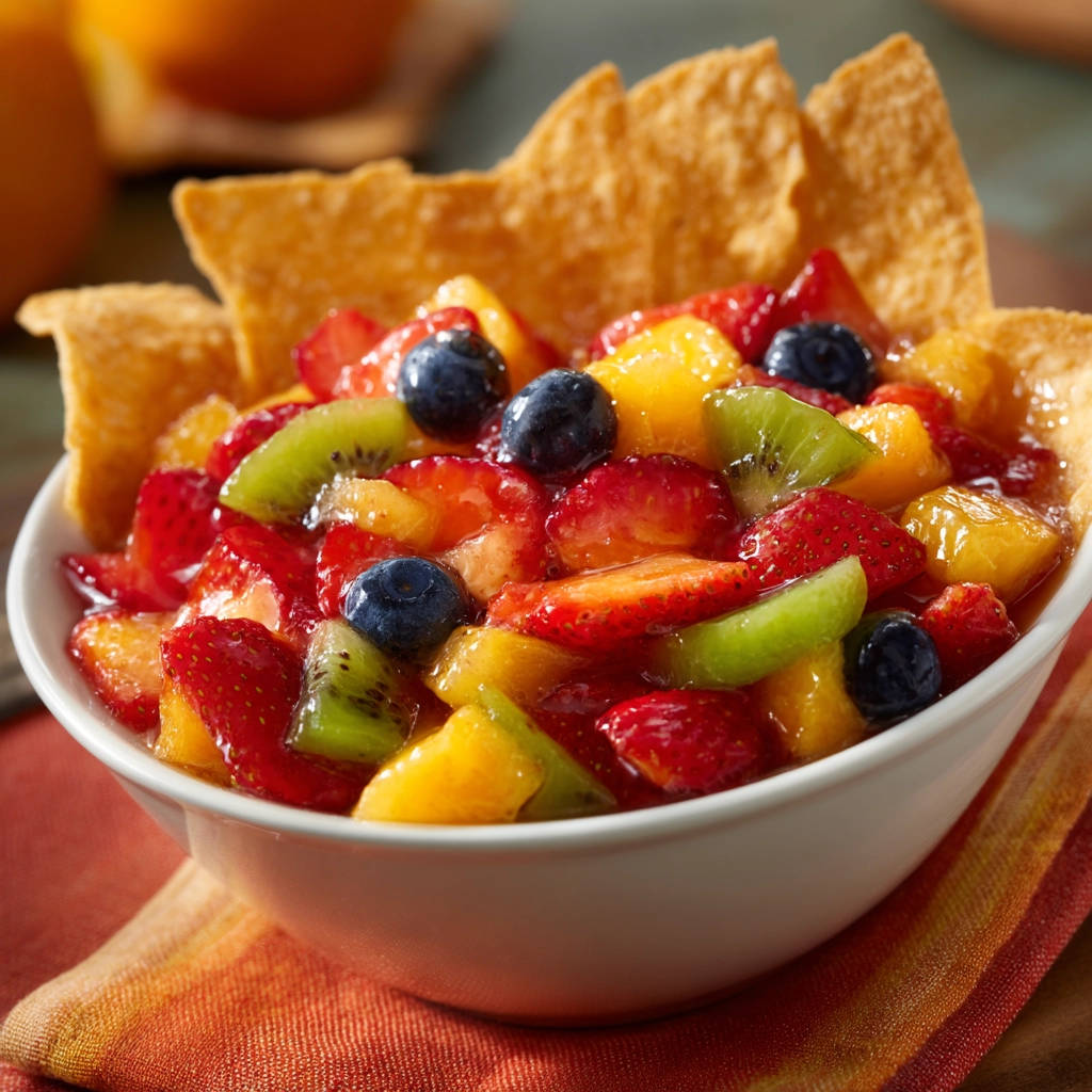 Fresh fruit salsa served in a crispy tortilla bowl, showcasing strawberries, blueberries, kiwi, and mango.