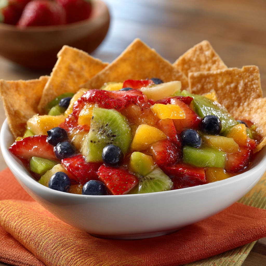 Fresh fruit salsa served in a crisp tortilla bowl, packed with strawberries, kiwi, blueberries, and mango.