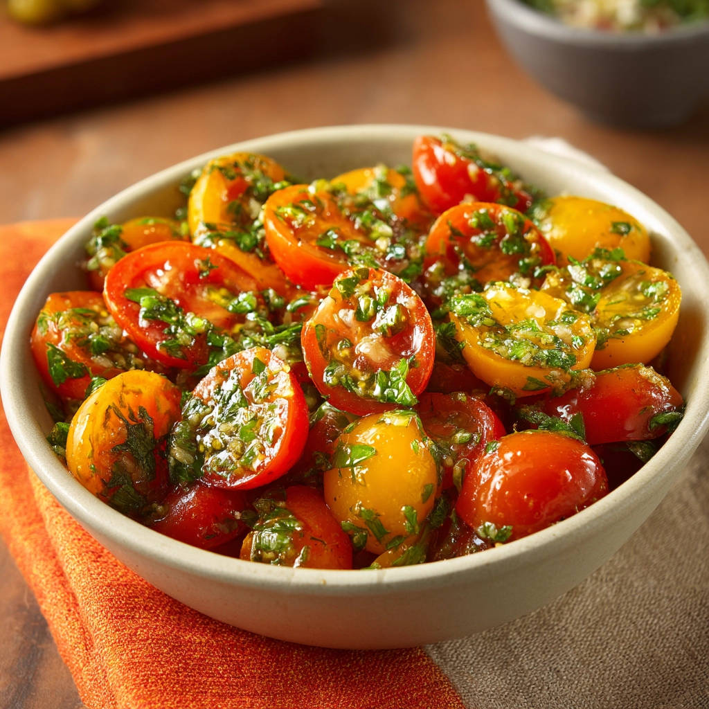 Fresh tomato salad featuring halved cherry tomatoes tossed with herbs and dressing, showcasing the vibrant colors and textures.