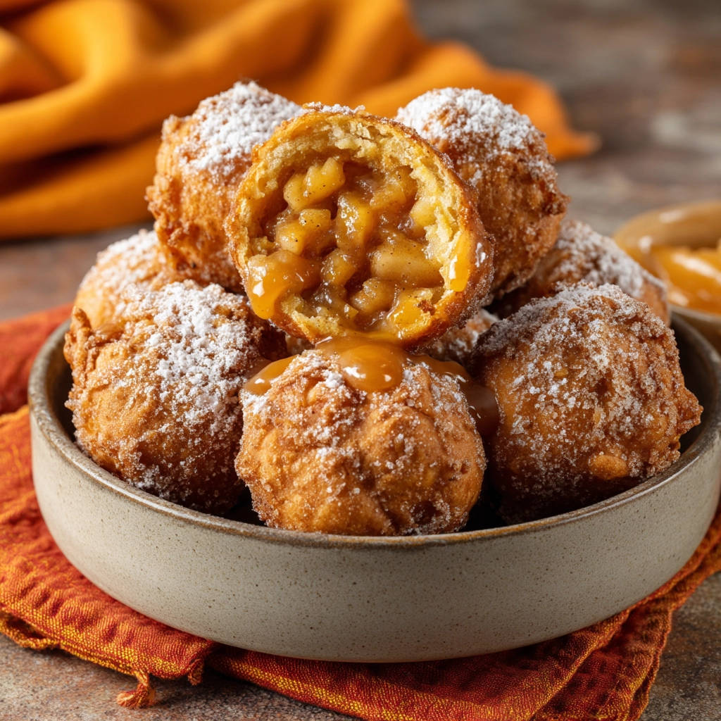 Fried apple fritters cross-section showing tender apple filling with a rich caramel drizzle.