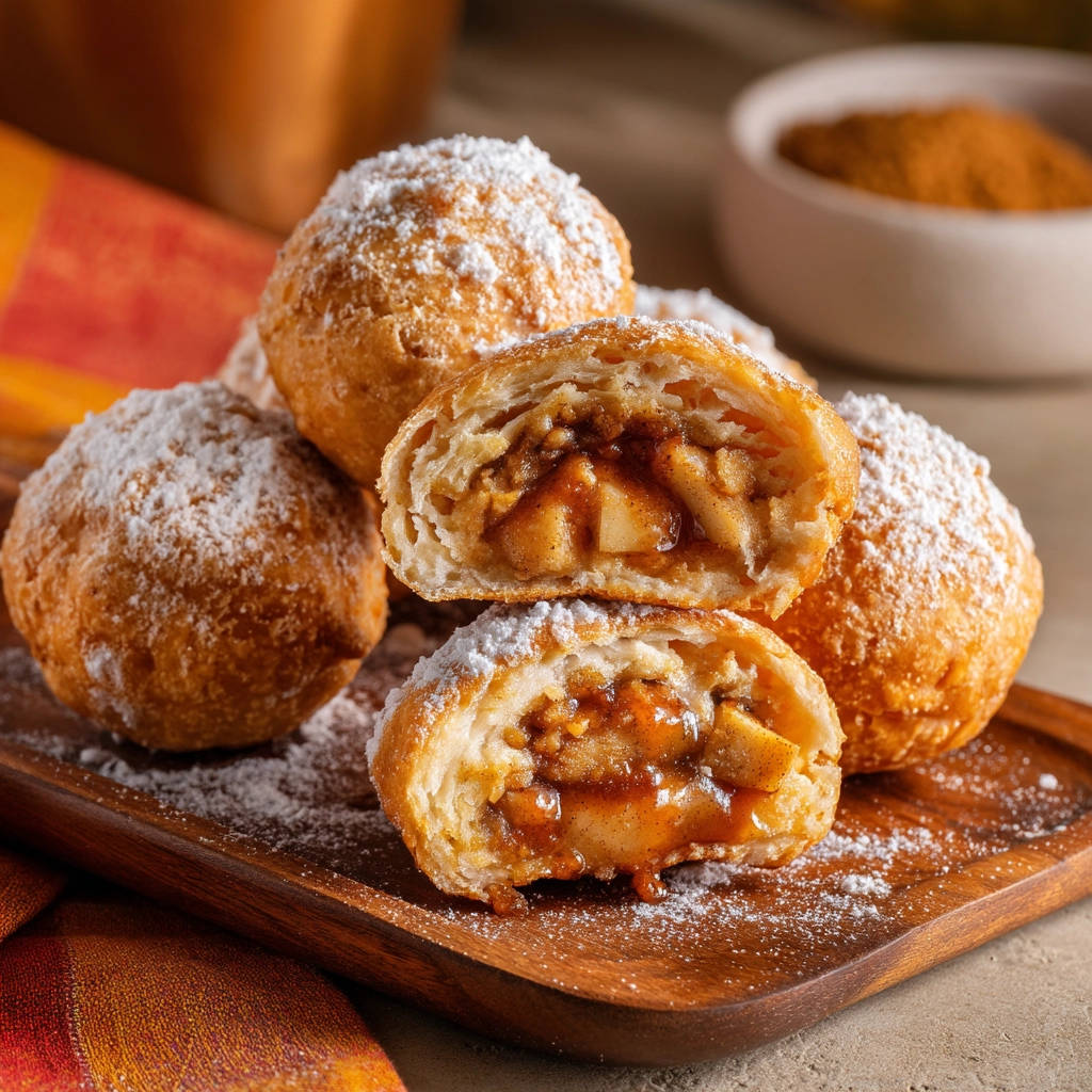 Fried apple fritters cross-section showing the sweet apple and cinnamon filling inside a golden-brown pastry.