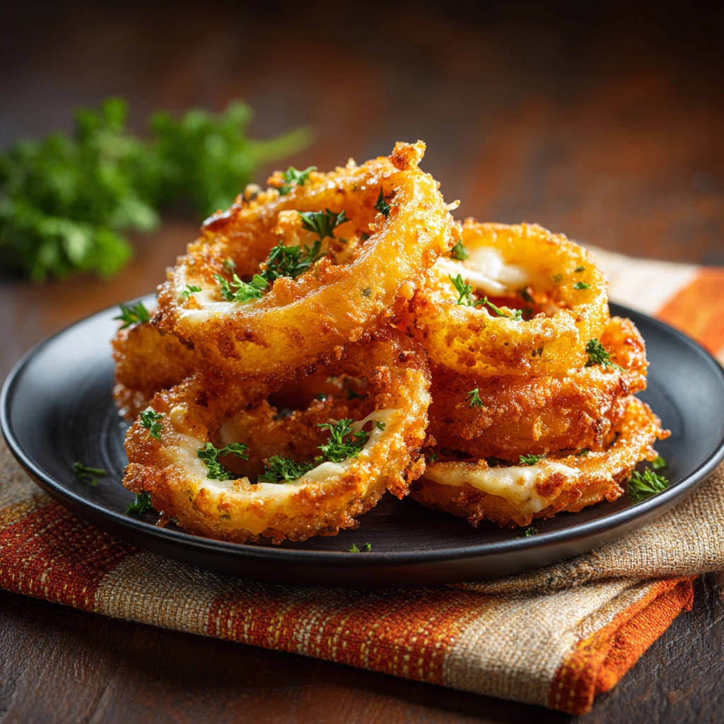 Fried cheese rings with a close-up view of the golden batter and fresh parsley garnish.