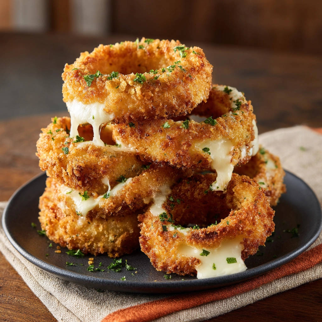 Fried cheese rings with a melty interior leaking out, garnished with parsley on a dark plate.