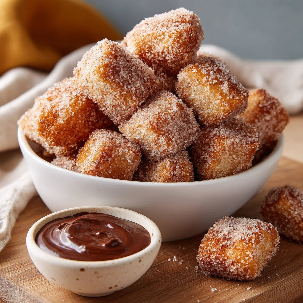 Fried dough bites piled high in a white bowl with a small dish of chocolate sauce on the side.
