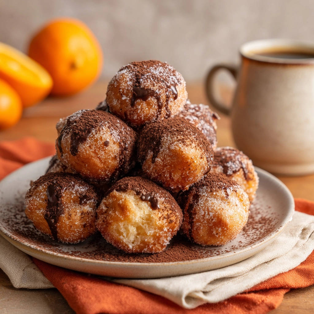 Easy fried dough bites with a close-up cross-section showing the fluffy interior and cocoa dusting.