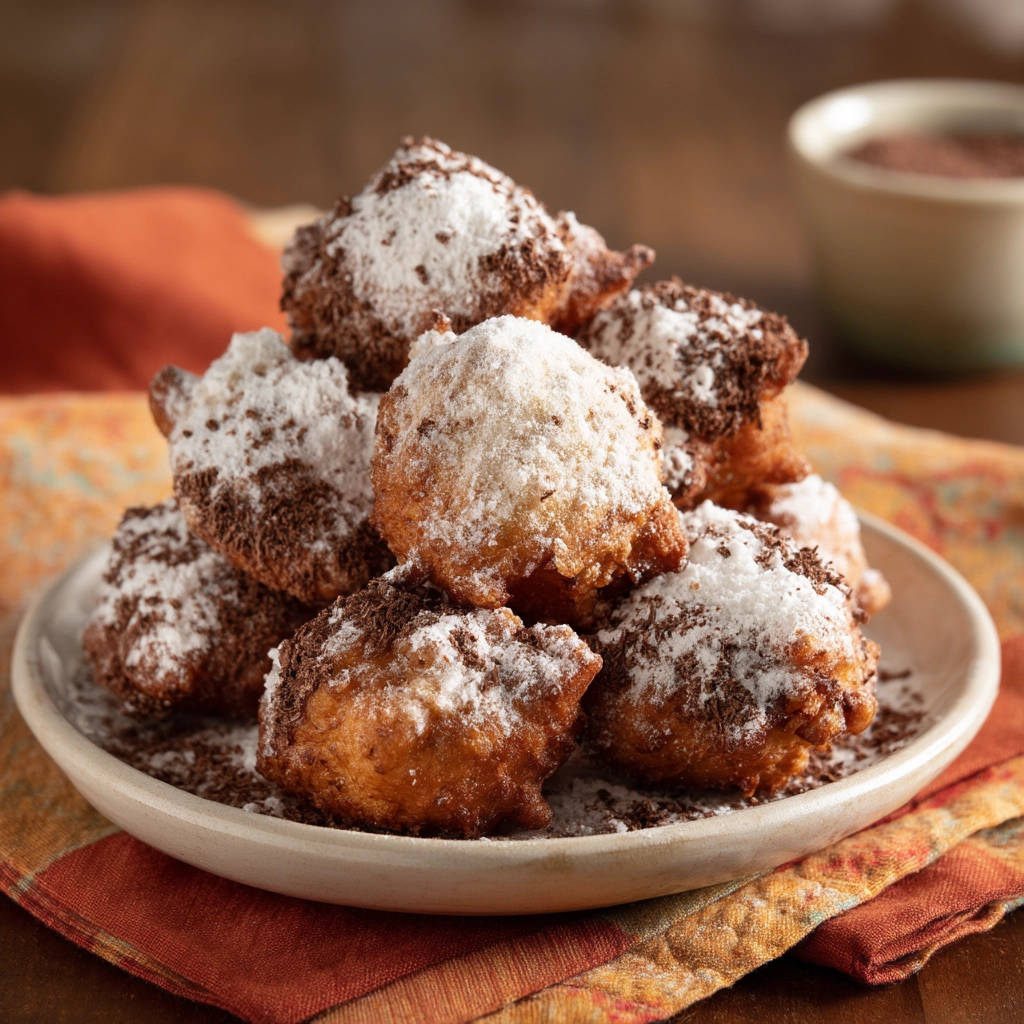 Easy fried dough bites dusted with powdered sugar and chocolate shavings on a plate.