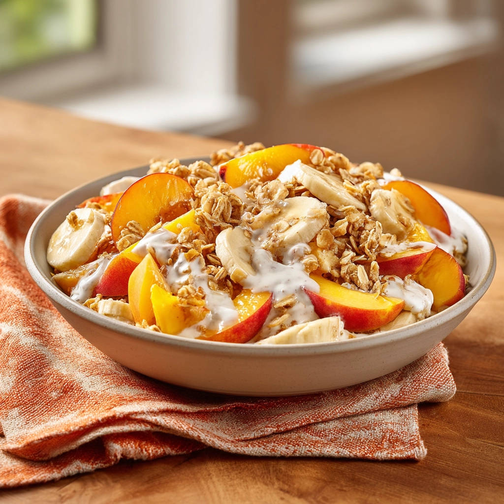 Perfect fruit yogurt bowl with banana, peach slices, and granola, showcasing a creamy texture.