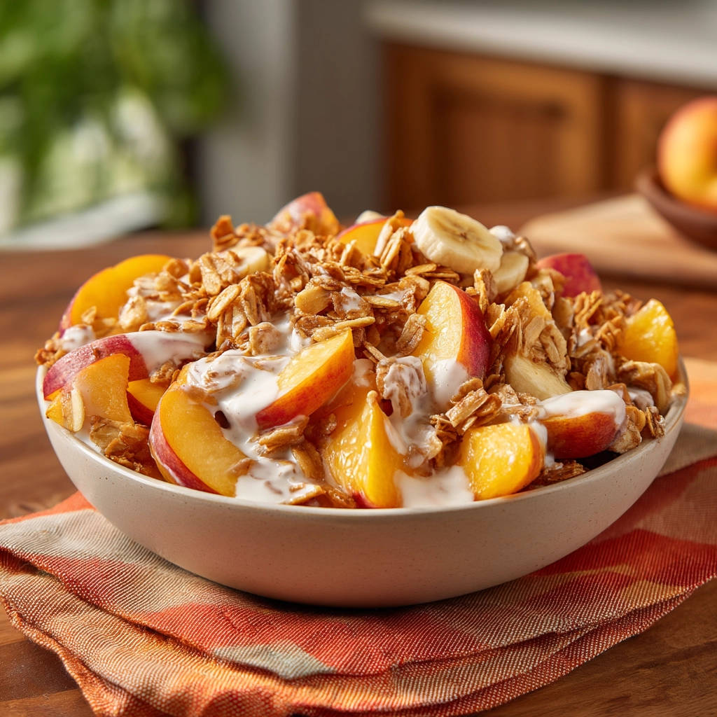 Fruit yogurt bowl with granola, peaches, and bananas, showcasing the fresh toppings.