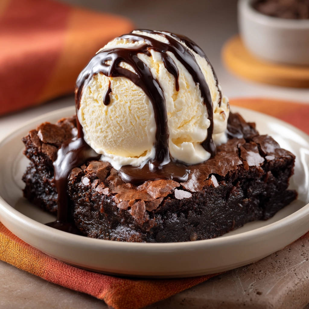 Ultimate fudgy brownies topped with a scoop of vanilla ice cream and drizzled with chocolate sauce.