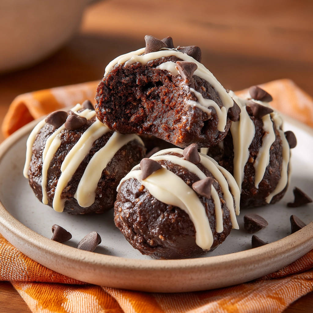 Fudgy chocolate bites cross-section showing the rich, moist interior drizzled with white icing and topped with chocolate chips.