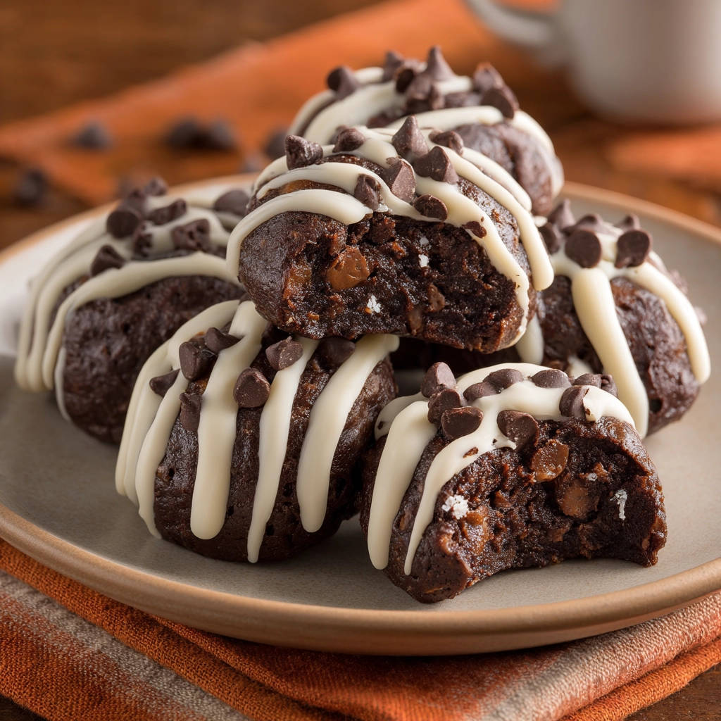 Fudgy chocolate bites cross-section showing a moist interior, drizzled with white icing and topped with chocolate chips.