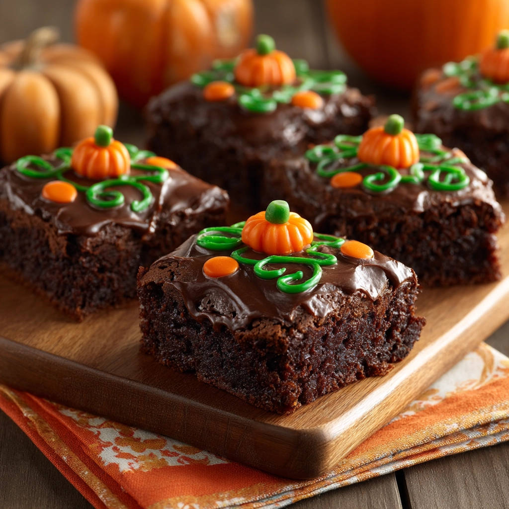 Fudgy Halloween brownies decorated with chocolate frosting, green swirls, and mini pumpkin candies, presented on a wooden board.