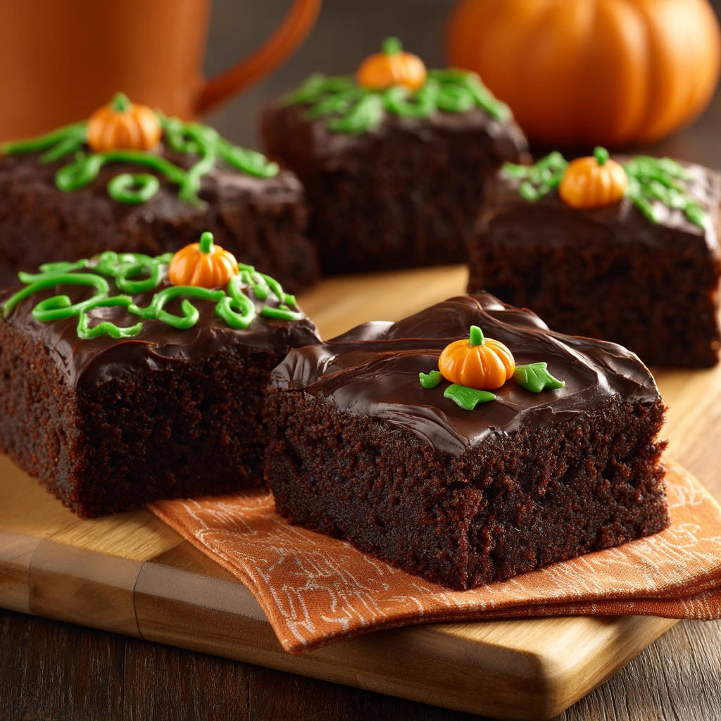 Fudgy Halloween brownies with chocolate glaze, decorated with green icing and a small pumpkin garnish.