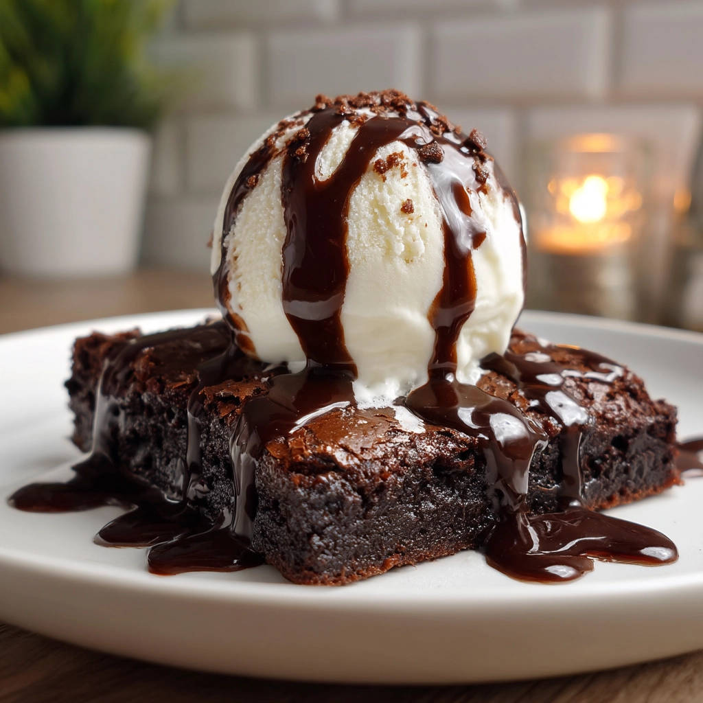 Fudgy homemade brownies topped with a scoop of vanilla ice cream and drizzled with chocolate sauce.