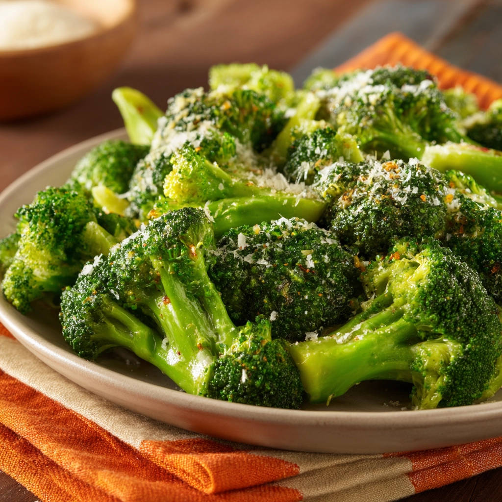 Garlic broccoli close-up on a plate, generously sprinkled with cheese and spices, showcasing its vibrant green florets.