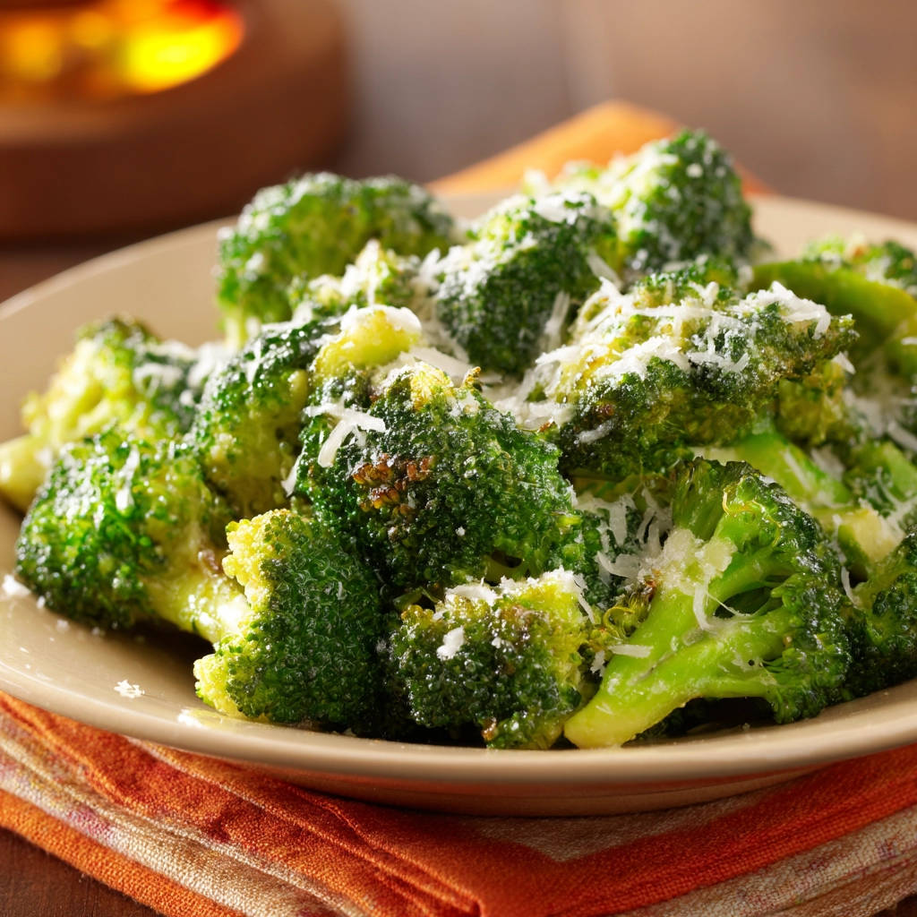 Garlic broccoli topped with grated Parmesan cheese, showcasing its vibrant green florets and tender stems.