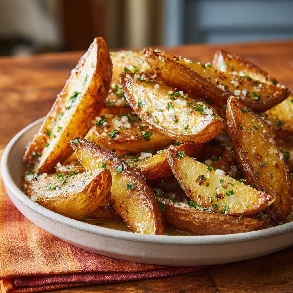 Crispy garlic parmesan potato wedges piled high in a bowl, sprinkled with fresh parsley and cheese.