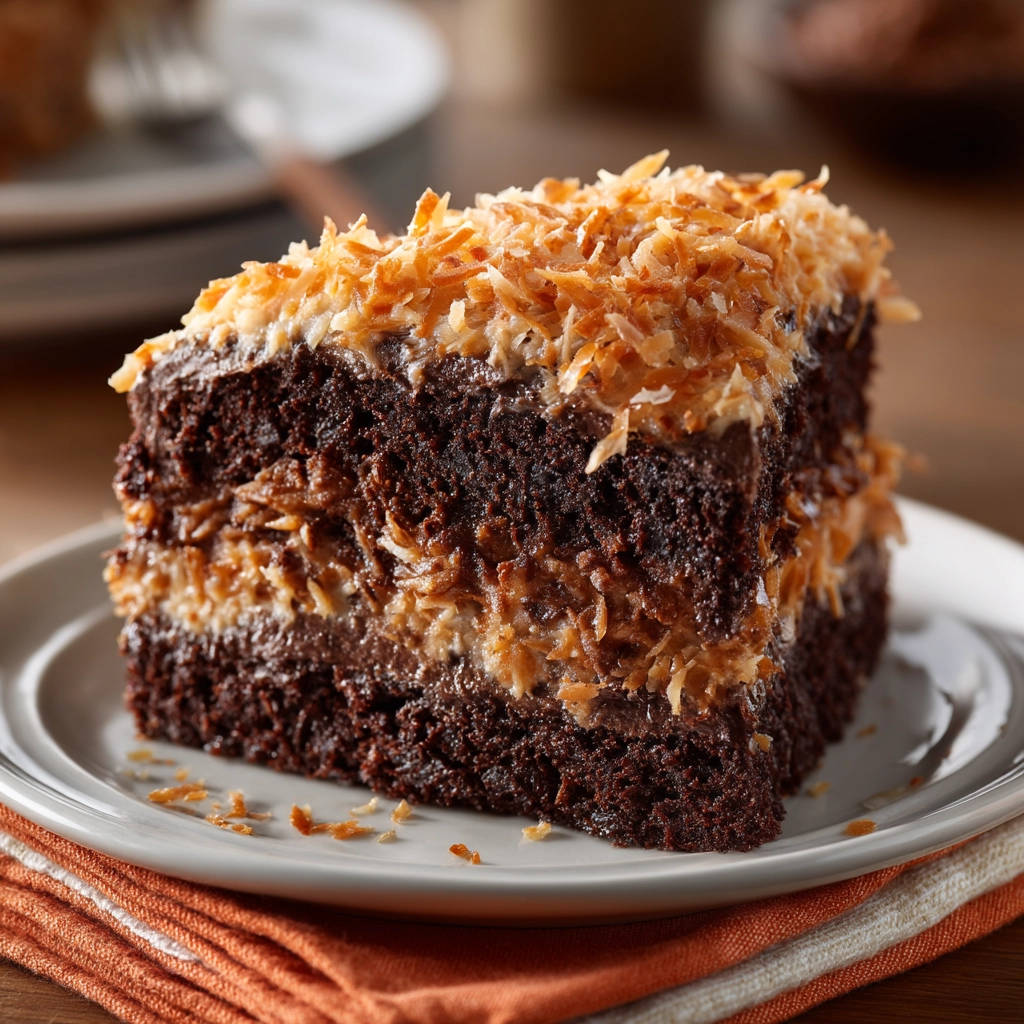 Classic German Chocolate Cake cross-section showing rich chocolate layers and coconut filling on a plate.