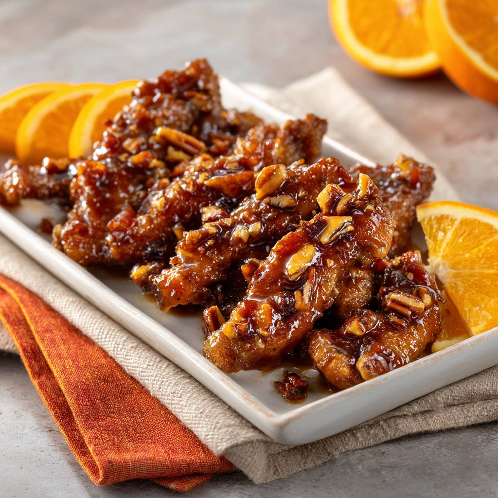 Sweet & Sticky Glazed Chicken with a close-up detail of nuts and orange slices.