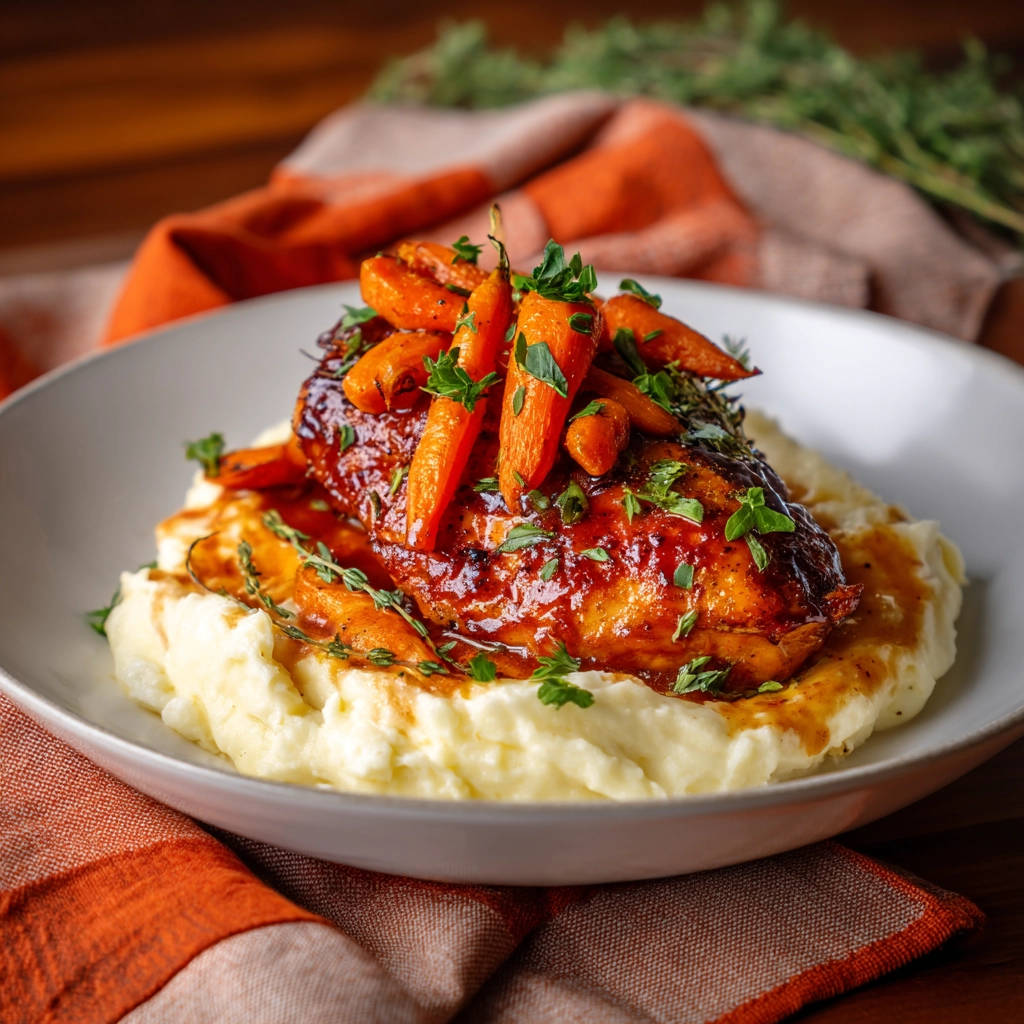 Glazed chicken dinner served on mashed potatoes with roasted carrots and fresh parsley garnish.