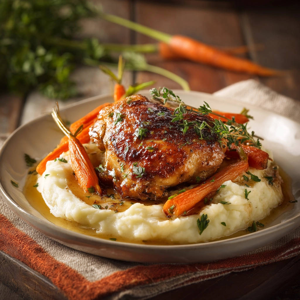 Glazed chicken dinner plated with mashed potatoes and glazed carrots, garnished with fresh herbs.