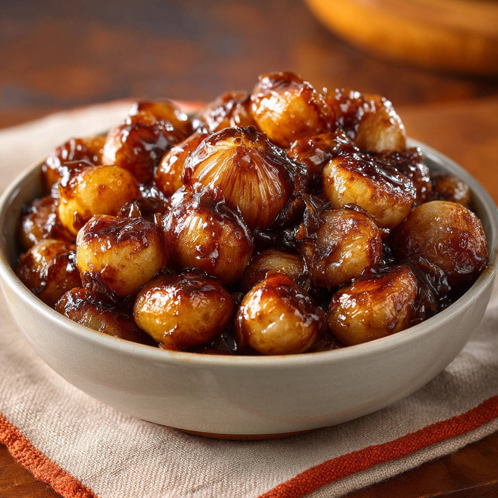 Amazing glazed pearl onions fill a light-colored bowl, showcasing their rich, glossy glaze up close.
