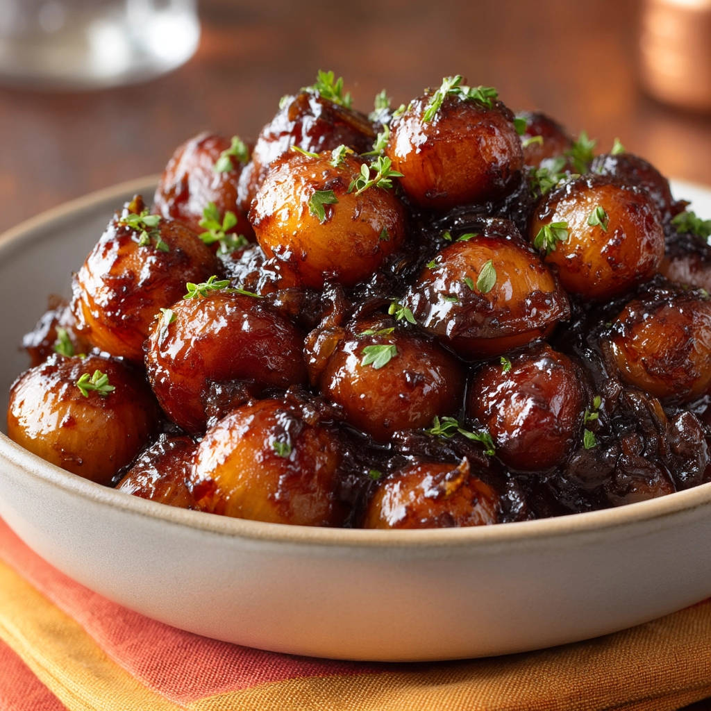 Amazing glazed pearl onions glistening in a rustic bowl, garnished with fresh herbs.