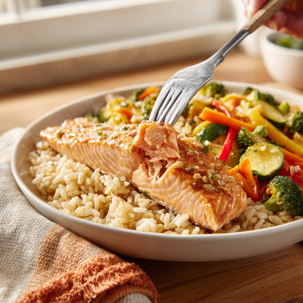 Flaky glazed salmon dinner with a fork flaking the moist fish, served with rice and vegetables.