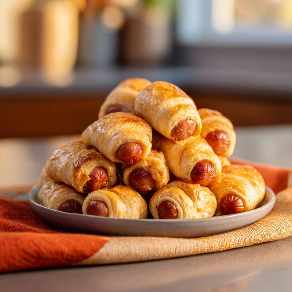 Golden pigs in a blanket stacked high on a plate, showcasing their golden-brown pastry and hot dog filling.
