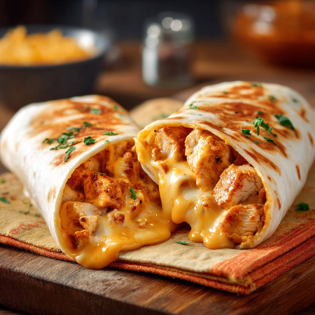 Gooey cheesy chicken burritos recipe shown in a close-up cross-section revealing the melted cheese and seasoned chicken filling.