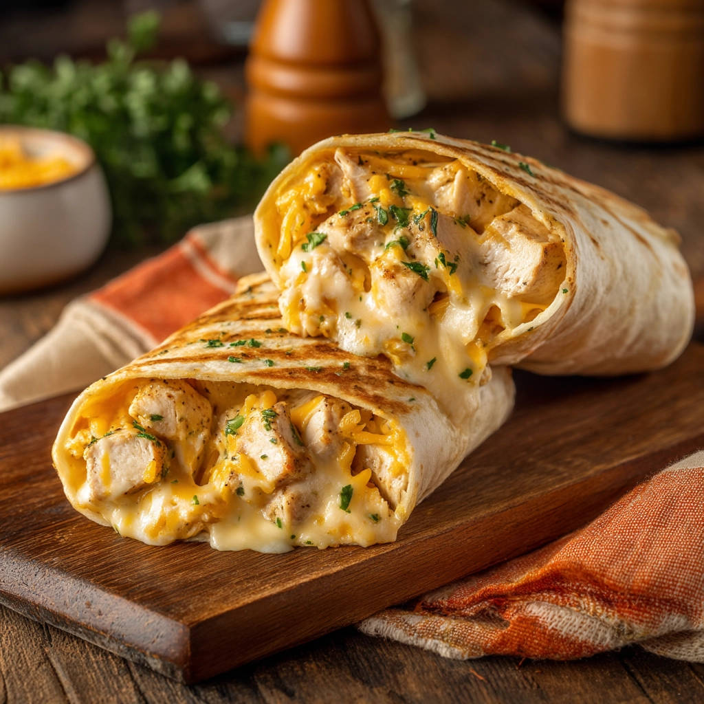 Gooey cheesy chicken burritos cross-section revealing a melted cheese interior with chopped chicken.