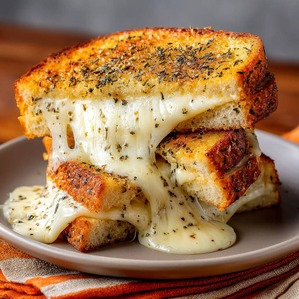 Gooey golden grilled cheese showing a dramatic cheese pull from the stacked sandwich on a plate.