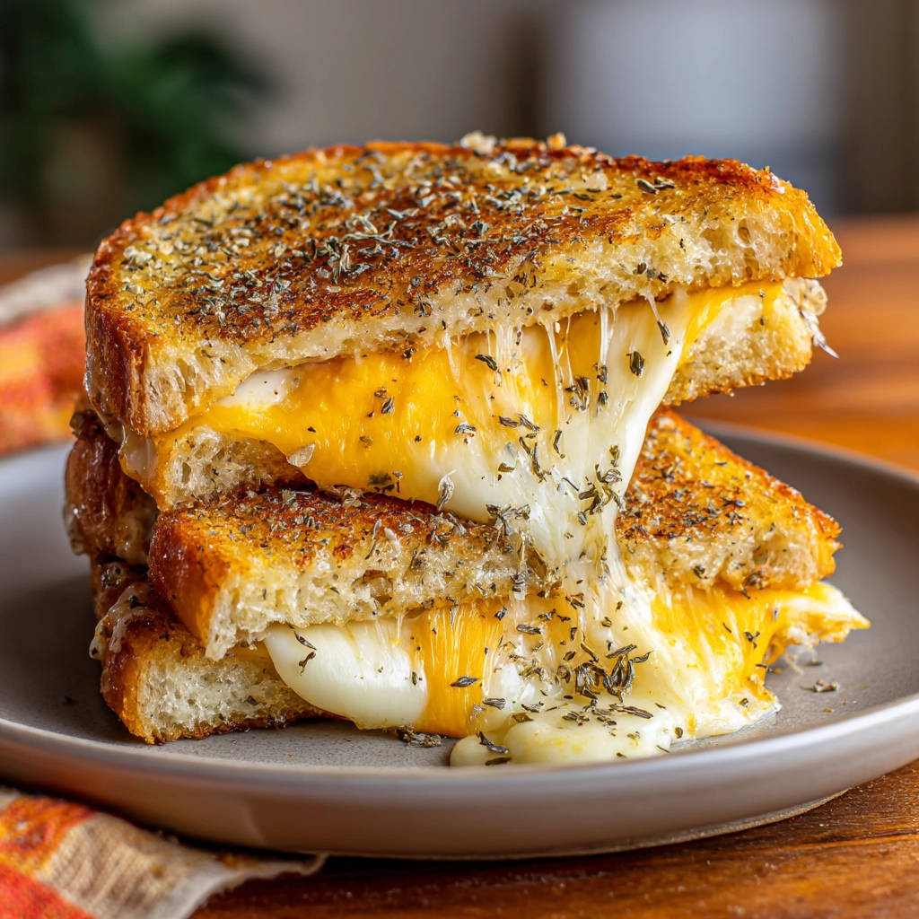 Gooey golden grilled cheese showing a dramatic melty cheese pull between two toasted halves on a plate.