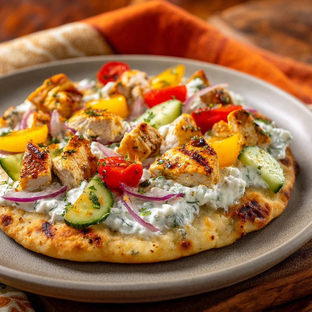Greek chicken flatbread topped with grilled chicken, cucumber, tomatoes, red onion, and tzatziki sauce.