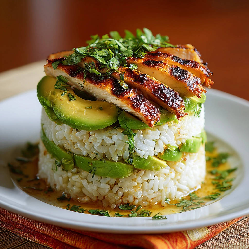 Grilled chicken bowl presented layered with rice and sliced avocado, topped with fresh cilantro.