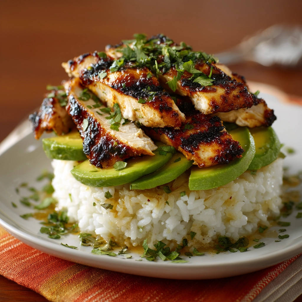 Grilled chicken bowl with sliced avocado and cilantro, presented as a main hero image with a close-up overhead view.