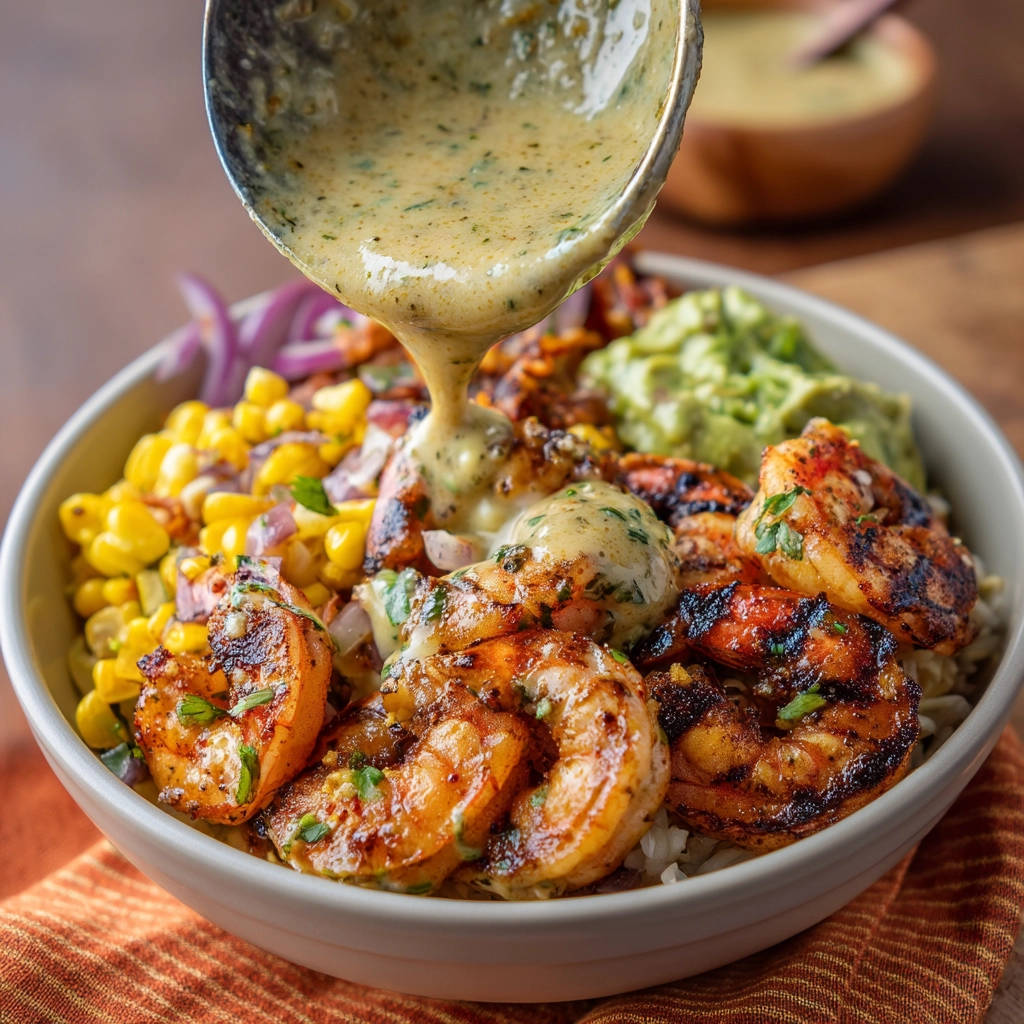 Grilled shrimp bowl with corn, avocado, and red onion, with a creamy sauce being poured over the top.