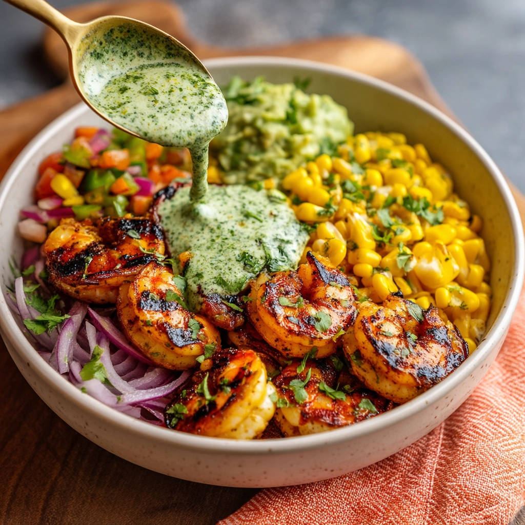 Grilled shrimp bowl with corn and guacamole, with a creamy green sauce being poured from a spoon.
